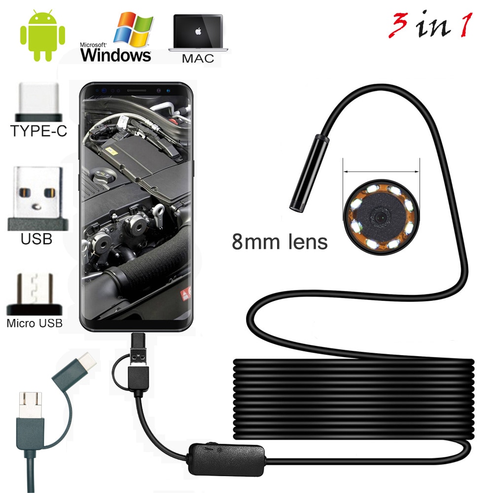 1 m/2 m/5 m Kabel 8mm Lens PC Android Endoscoop Camera Industriële Borescopen Type C USB mini Endoscoop Waterdicht