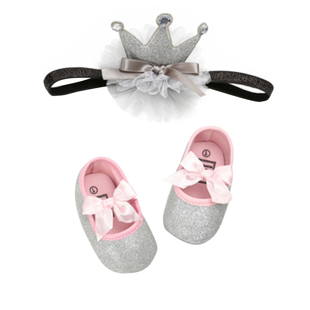 Baby flickor pu first walker skor mjuk sula halkfria skor paljett fast söta resårskor + kronhårband set 0-12m: Silver- / 7-12 månader