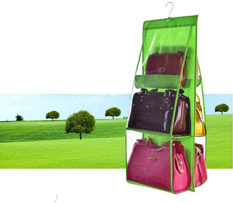6 Pocket Foldable Hanging Bag 3 Layers Folding Shelf Bag Purse Handbag Organizer Door Sundry Pocket Hanger Storage Closet Hanger: Light Green