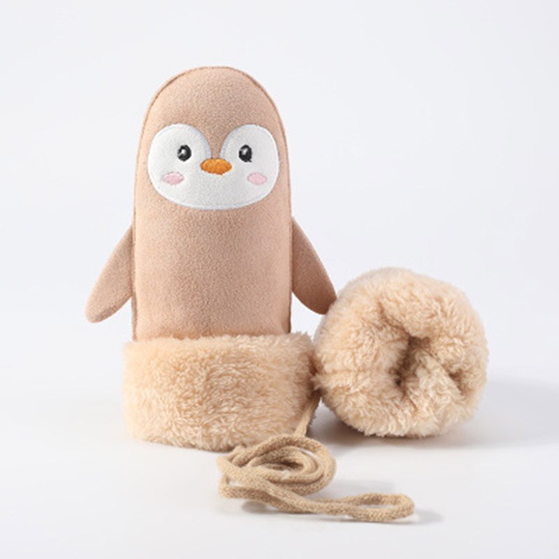 Gants pour enfants hiver épais cachemire dessin animé pingouin requin daim cuir gants garçon/fille suspendus cou mitaines de Ski H29