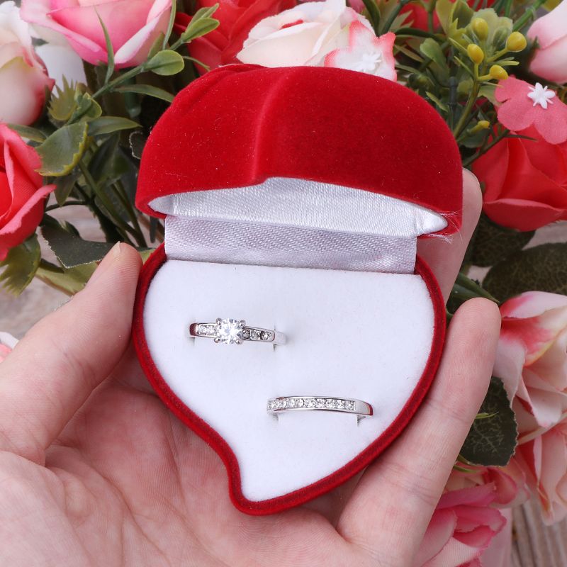 Caja de anillos de boda doble, terciopelo, forma de corazón, Caja de rosas rojo, exhibición de Joyas