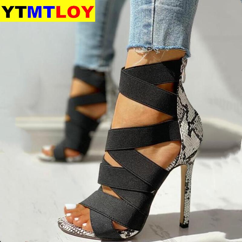 Sandalias Mujer Women's Ladies Pumps Bandage Patchwork Mixed Colors Snake High Heels Sandals Casual Shoes size36~42