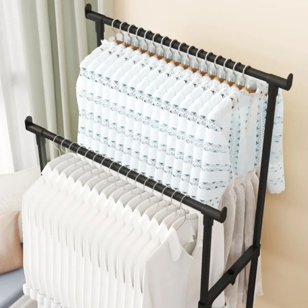 Porte-vêtements Double tige multifonctionnel Portable cintre chambre étagère avec roue étagère rangement porte-vêtements sol mobile manteau