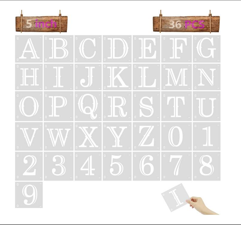Plantilla para pintura con letras, plantillas con alfabeto para madera reutilizable, caligrafía de plástico, plantilla de letras, 36 Uds.: 5inch