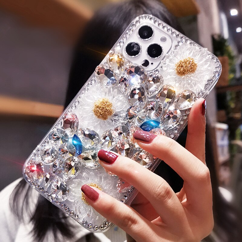 Bling Diamond Daisy Bloem Crystal Case Voor Iphone 12 11 Pro Max Xs Xr X 7 8 Plus 12 Mini case Glitter Strass Zachte Tpu Cover