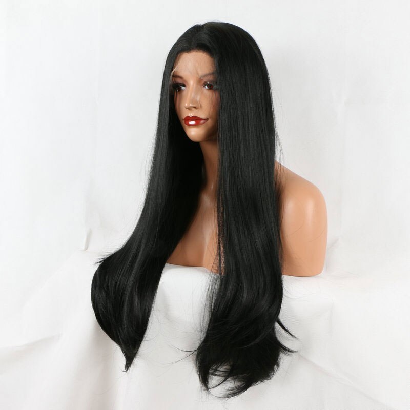 Pelo sintético liso negro sedoso de Bombshell, peluca con malla frontal, pelo de fibra resistente al calor sin pegamento, línea de pelucas de pelo Natural para mujer