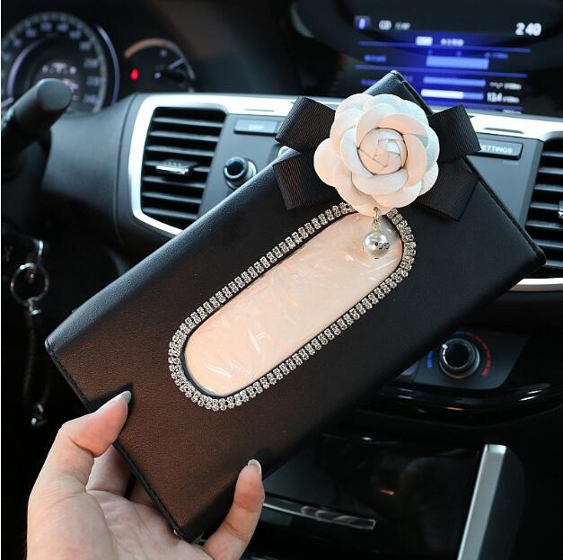 Leuke Bloem Crystal Tissue Doos Papier Houder Voor Auto Zonneklep Leather Opknoping Auto Zonneklep Tissue Gevallen Auto Accessoires: WHITE