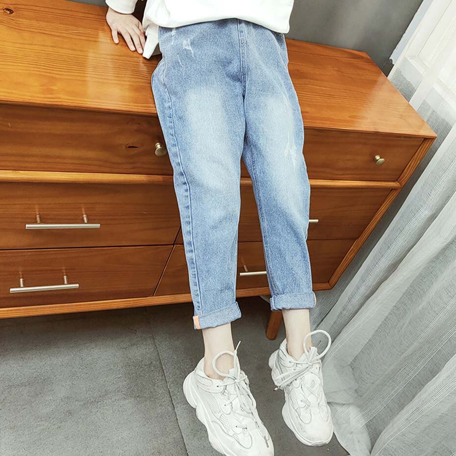 Spring Jeans For Girls Solid Hole Kids Jeans Girl Elastic Waist Children's Jeans Autumn Causal Jeans Clothes For Girls