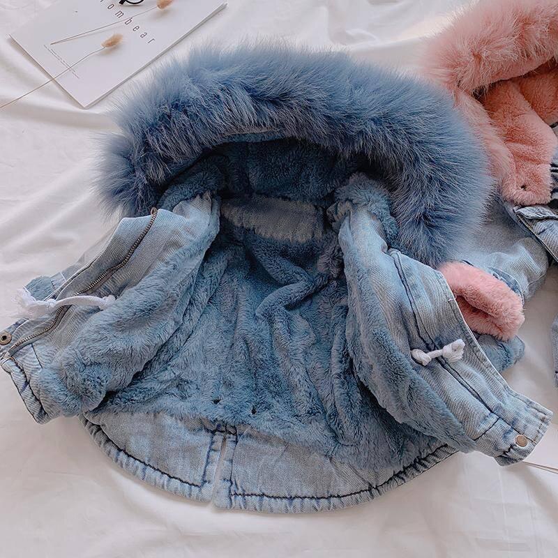 Winter Baby Mädchen Denim Jacke Plus Pelz Warme Kleinkind Mädchen Oberbekleidung Plüsch Denim jacke baumwolle 1-5 Jahre freundlicher Kleinkind Mädchen Parka
