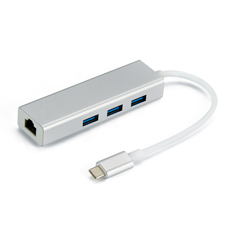 Eksternt netværkskort thunderbolt 3 to ethernet 3 porte usb 3.0 hub type c til  rj45 100 mbps lan adapter data til macbook: Sølv