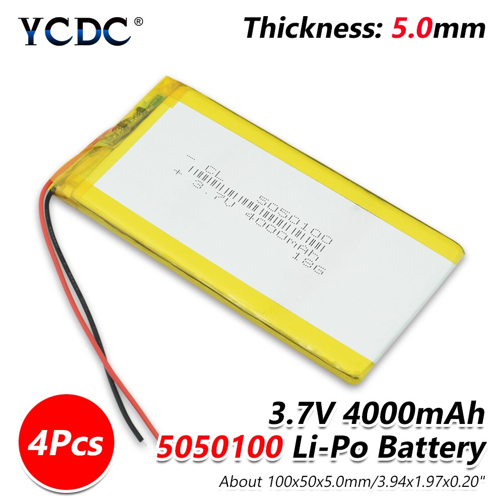 1/2/4 Pieces 3.94x1.97x0.20" 3.7V Voltage 5050100 4000mAh Lithium Battery MP3 MP4 MP5 GPS Tablet E-book DVD Battery Replacement