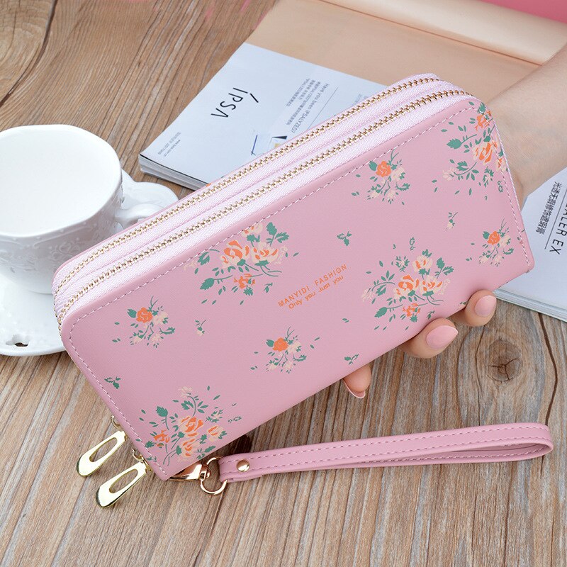 Luxury Double Zipper Women Wallets Large Capacity Long Clutch Bag Double Wallet Soft Leather Printing Change Mobile Bag: Pink