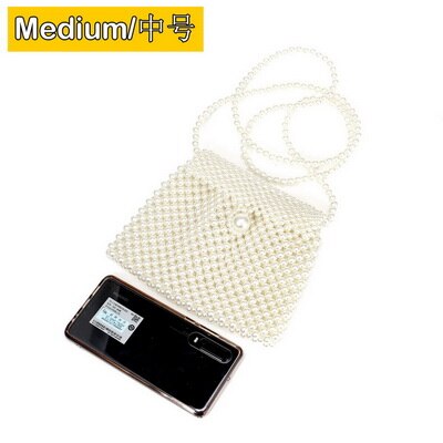 Brand Hand-woven Pearl Bags Lady Beaded Shoulder Bag Women Party Vintage Handbag Ins Small Flap Bag Mini Cross body Bag: YM1658middium