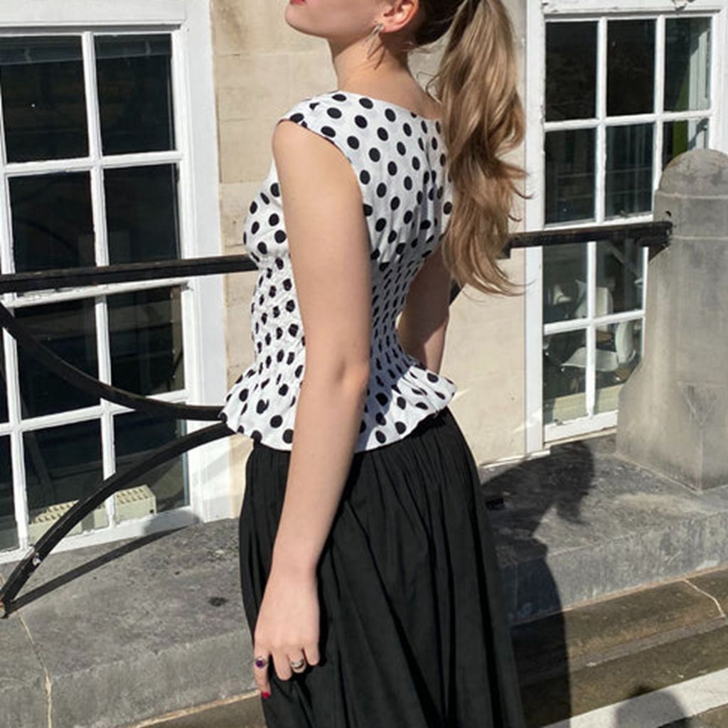 Combhasaki kvinder sommer  y2k vintage prikket print crop tanktops ærmeløse butterfly skulder bådhals smocked flæset slim fit vest