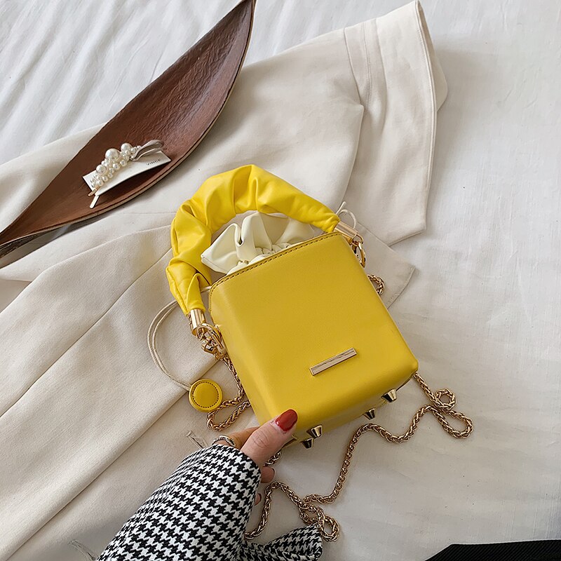 Sac fourre-tout plissé seau été en cuir PU femmes sac à main chaîne épaule sac de messager sacs à main: Yellow