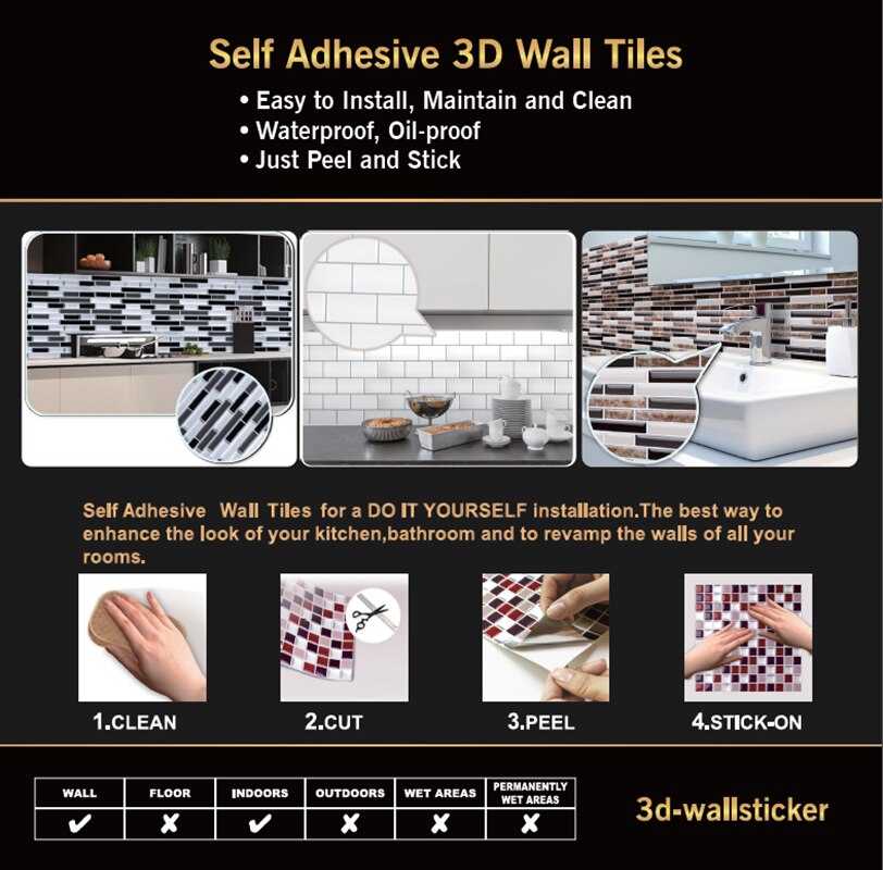 Hvid grå marmor mosaik skræl og pind vægfliser selvklæbende backsplash diy køkken badeværelse hjem vægoverføringsbillede klistermærke vinyl 3d