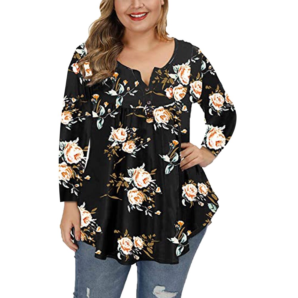 5XL Plus Size Women Clothing Plaid Print Long Sleeve Loose Tops Chubby Girls Floral Casual T-shirt Autumn Big size Tees: black / 4XL