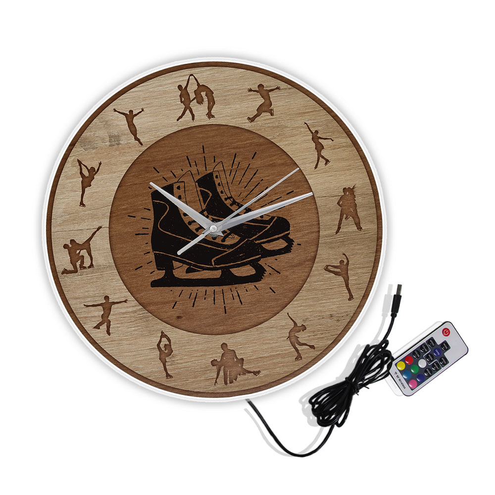 Figure Skating Wood Texture Printed Wall Clock Girls Room Silent Hanging Wall Watch Winter Sport Home Decor Ice Skaters