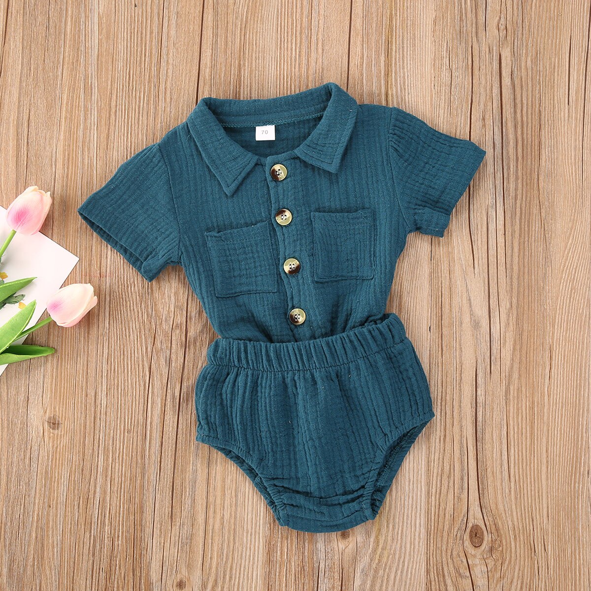Baby pige dreng 2 stk outfit sæt solid plisseret button-down foldet krave kortærmet top skjorte trekant elastik bukser sæt