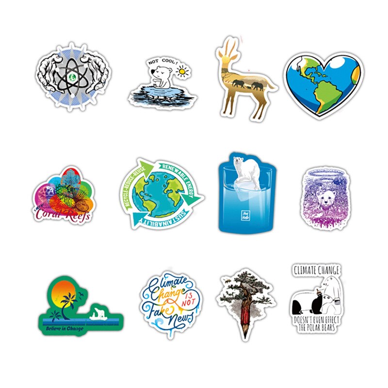 50pcs global warming waterproof sticker, environmental protection, bicycle stickers, refrigerator stickers, fun patterns