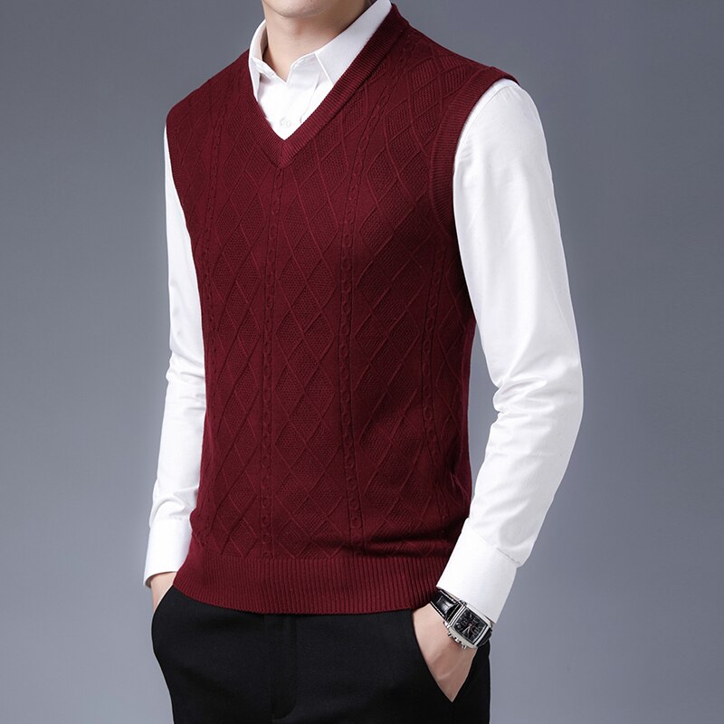 Heren gestreepte casual effen gebreide trui vest pullover heren truien v-hals slim fit truien gebreide trui heren: Rood / M