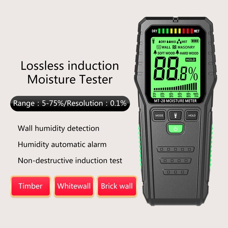 MT28 Wood Moisture Meter Humidity Tester Digital Timber Damp Detector Test wall moisture analyzer Range 5%~75%