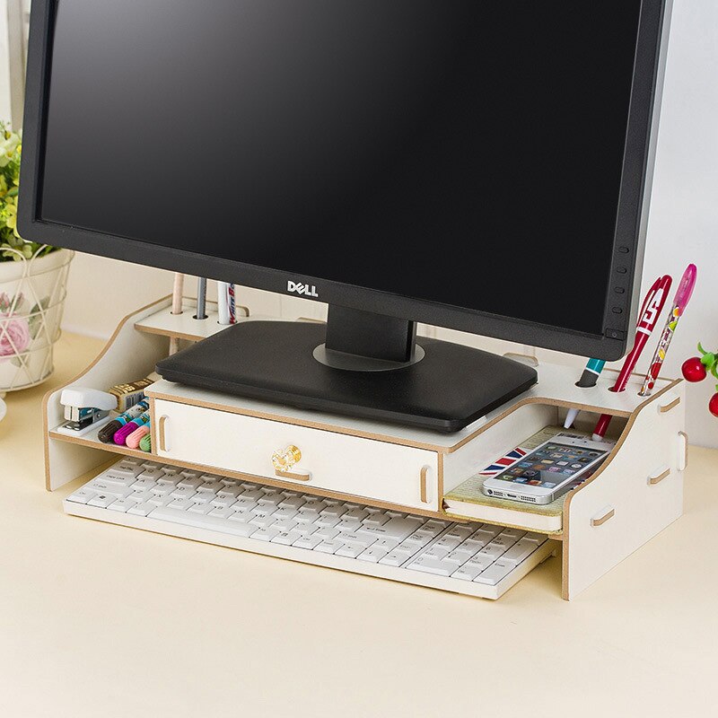 Montaje de Monitor de ordenador elevador de madera DIY soportes para ordenador portátil estante de almacenamiento de pantalla de oficina organizador de teclado escritorio soporte para portátil: Blanco