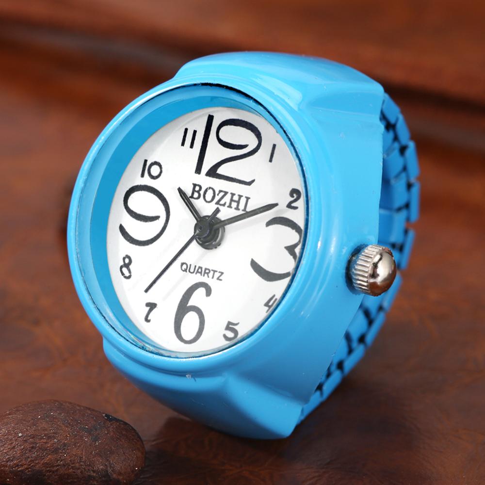 Levendige Snoep Kleur Grote Cijfers Mini Vinger Ring Horloge Elastische Band Quartz Horloge Vinger Ring Horloges Staal Ronde Elastische Horloge: blue