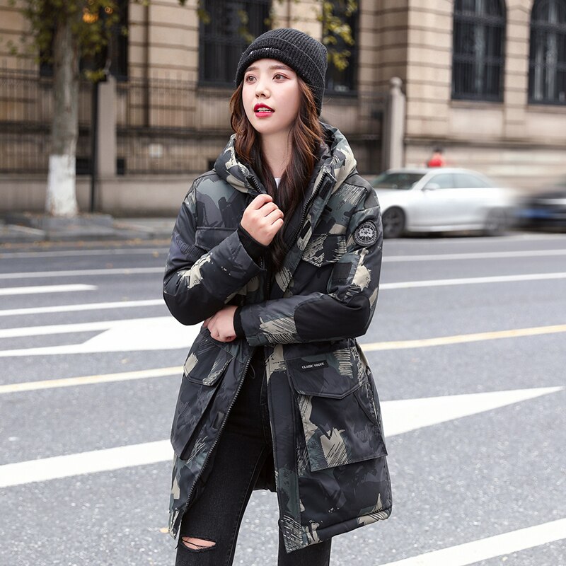 Tarnung aufbringen frauen Winter Jacke Mit Kapuze Dünne Lange Parkas Weibliche Stehkragen Plus Größe Baumwolle gepolstert Dicken lässig Mäntel: Grün / L