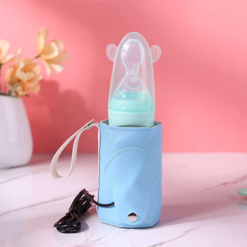 Usb babyflaskevarmervarmer bærbar lædermælkvarmervarmerflaske isoleret taske udendørs rejse spædbarn fodring flaske taske: Blå