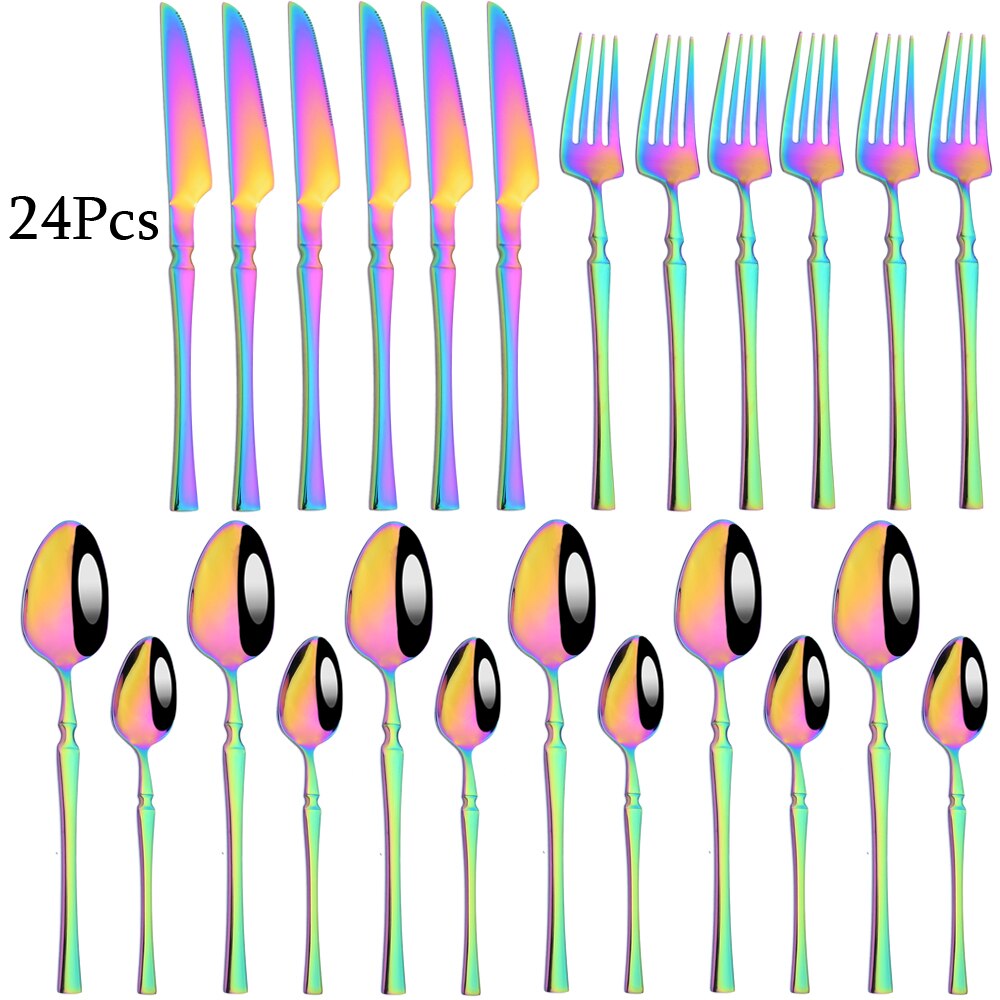 Couverts arc-en-ciel en acier inoxydable 304, 24 pièces, miroir, vaisselle, couteau, fourchette, cuillère à thé, couverts de cuisine, service d'argenterie: Rainbow