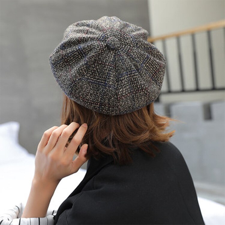Autumn Winter Beret hat Women Ladies Octagonal Newsboy Cap Female Vintage Plaid Artist Painter Beret Hat