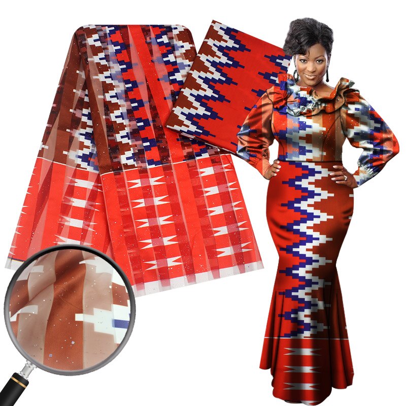 Nigéria ghana organza cetim tecido de seda impressão ancara cera africana 4 jardas + 2 metros chiffon seda para vestido YG812-2: As picture 7
