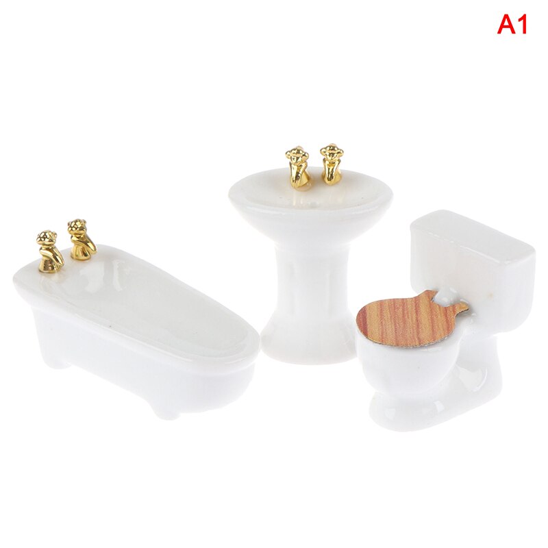 1Set(3pcs) 1/24 Dollhouse Miniature Bathroom Set Ceramic Bathtub Toilet for Dolls House Furniture Play Toy 3Styles: 1