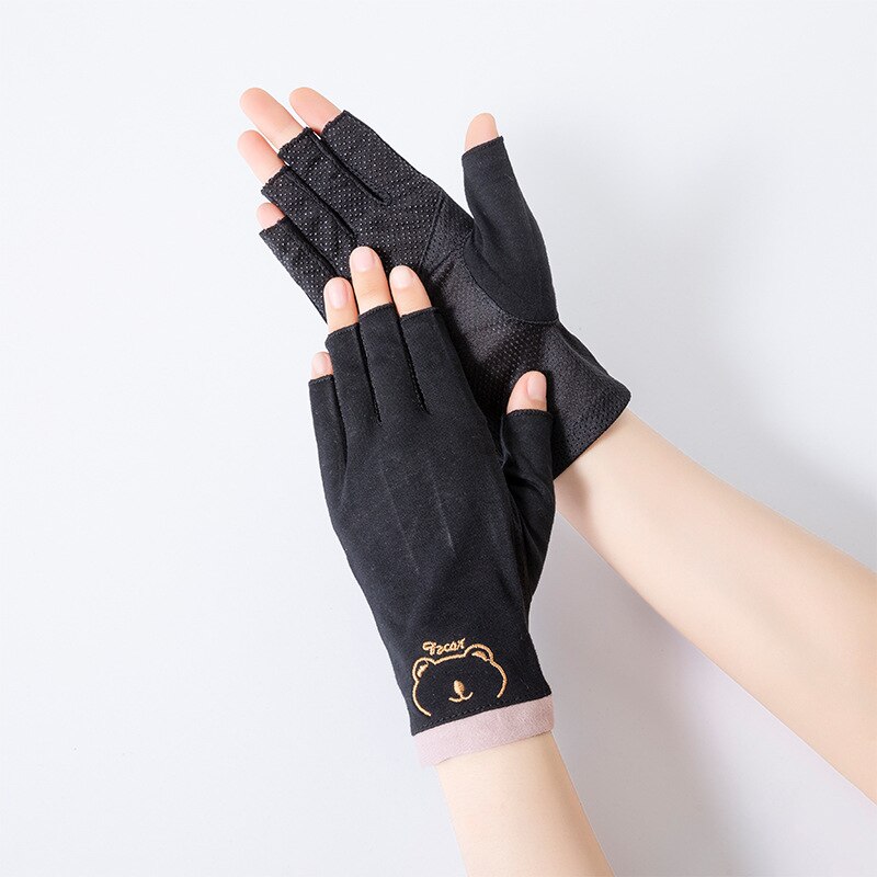 Summer Women Cotton Sunscreen Touch Screen Anti-UV Non-Slip Breathable Cute Lovely Drive Cycling Half Finger Gloves: black