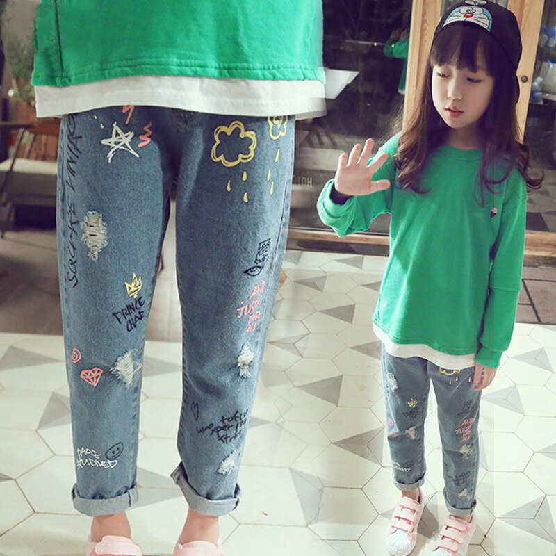 Pantalones vaqueros con estampado de grafiti para niños, ropa de primavera y otoño, con personalidad, informal, KJ29