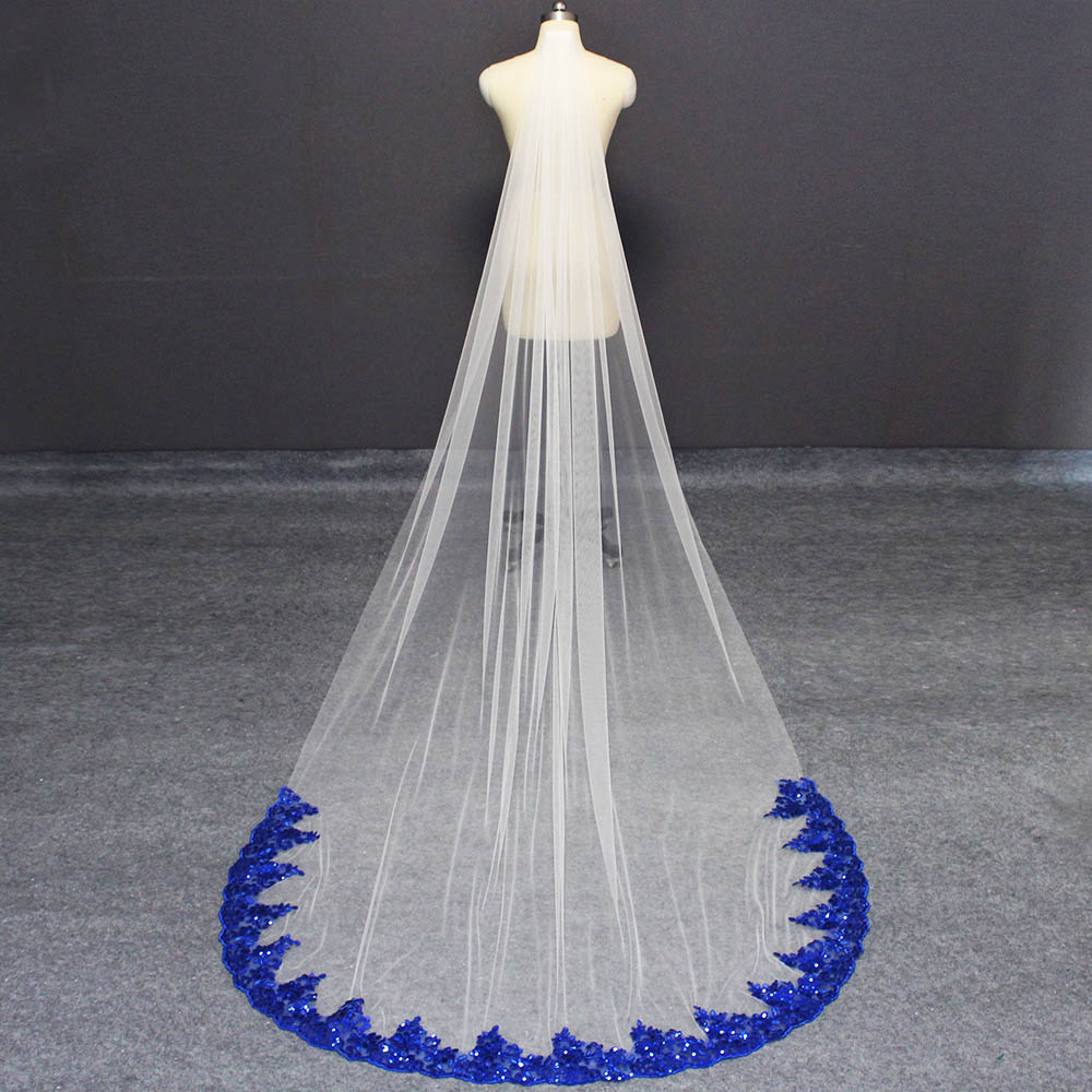 Velo de novia de encaje azul real, velo largo de tul suave blanco marfil, 3 metros de velo de novia con encaje de lentejuelas, accesorios de boda Welony