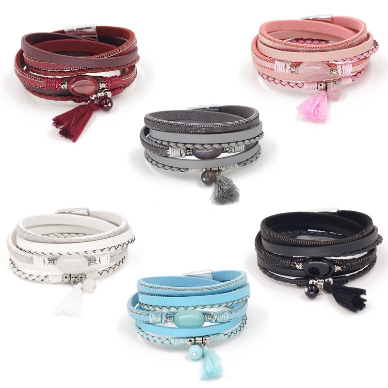 Vonnor Lederen Armbanden Voor Vrouwen Boho Sieraden Charm Natuursteen Kwastje Wrap Armband Vrouwelijke