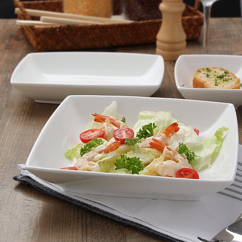 Plato cuadrado de cerámica para pasta, plato de arroz al horno para queso, plato para ensalada, tazón de postre blanco