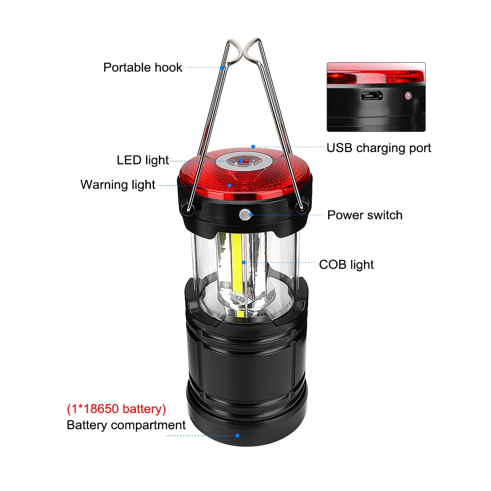 1w+ rødt ledet teltlampe utendørs campinglys 18650 usb oppladbart bærbart lanterne arbeidslys nødlampe