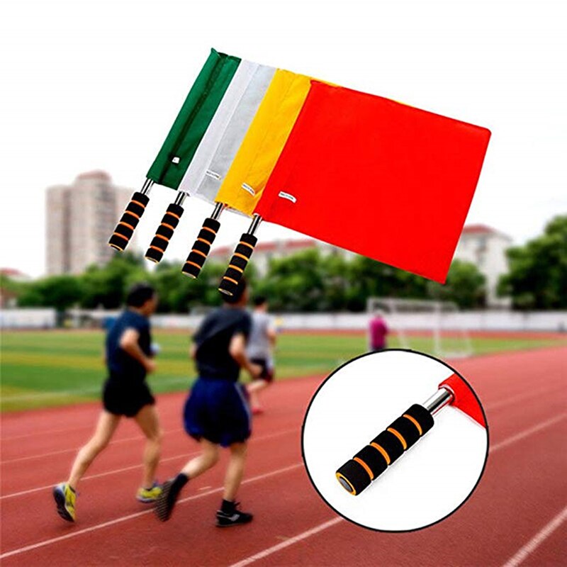 1pc vierkleurige atletiekwedstrijd scheidsrechtersvlaggen met roestvrijstalen grip en speciale commando voetbal scheidsrechtersvlaggen
