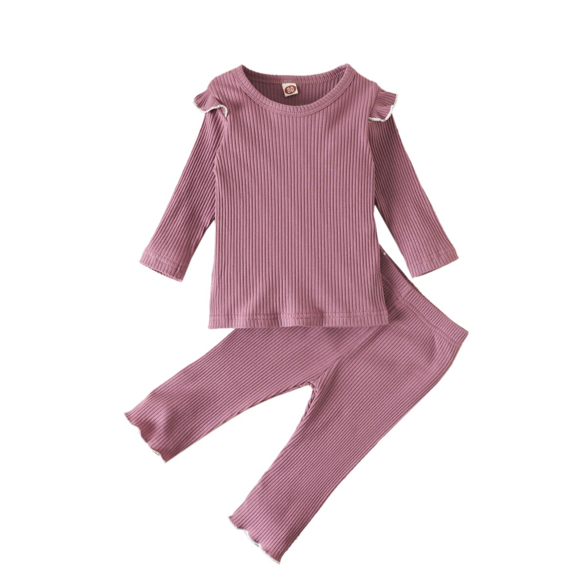 2Pcs Cotton Toddler Infant Girls Clothing Set Fall Ribbed Stripes Ruffle Long Sleeves Elastic Tops+Pants Kids Sleepwear: Purple / 12M