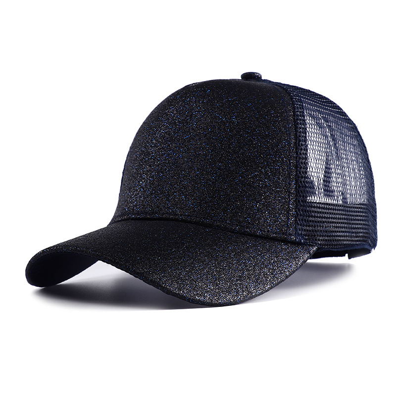Gorra de béisbol con cola de caballo alta y purpurina para mujer, gorra Snapback informal de malla negra, blanca y rosa, Gorras de camionero para mujer 2023: Azul marino