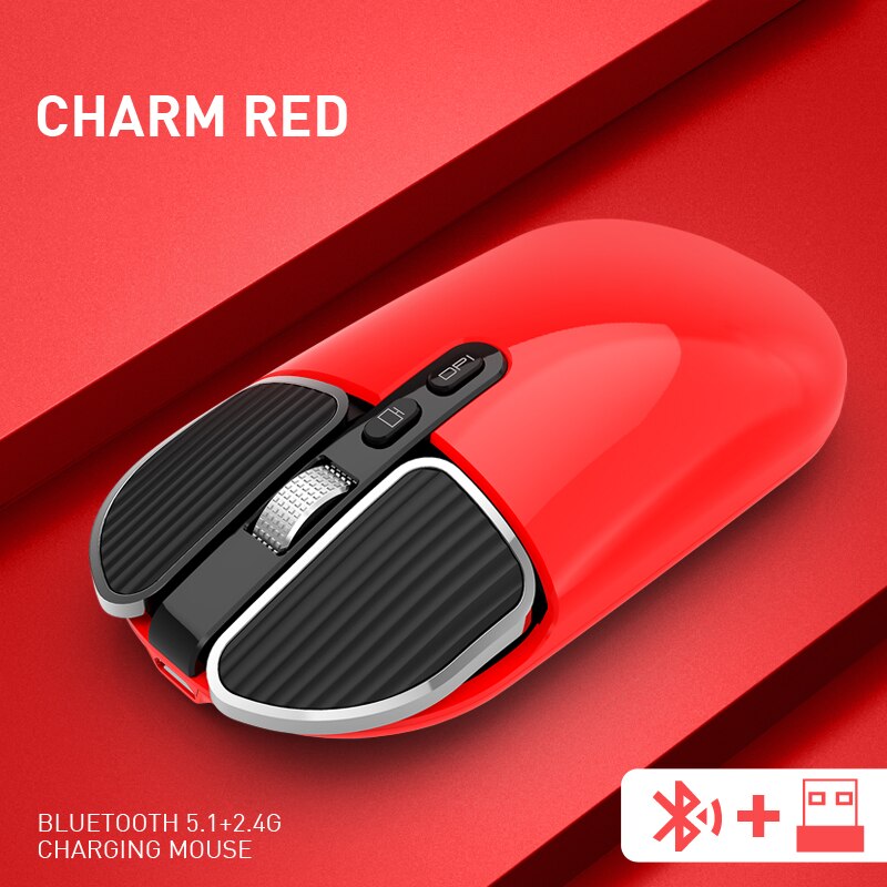 Rechargeable Dual Mode Mouse - Bluetooth 5.1 + 2.4G Wireless - Optical USB - 1600 DPI - Ergonomic for PC Mac iPad Android: Red
