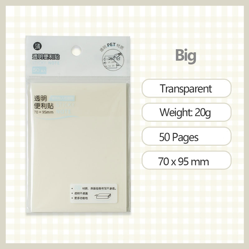 Kawaii Clear Sticky Notes Set 50 Sheets Waterproof Adhensive Notepad Posted it Stationery Stickers School Office Supplies: White 70x95mm