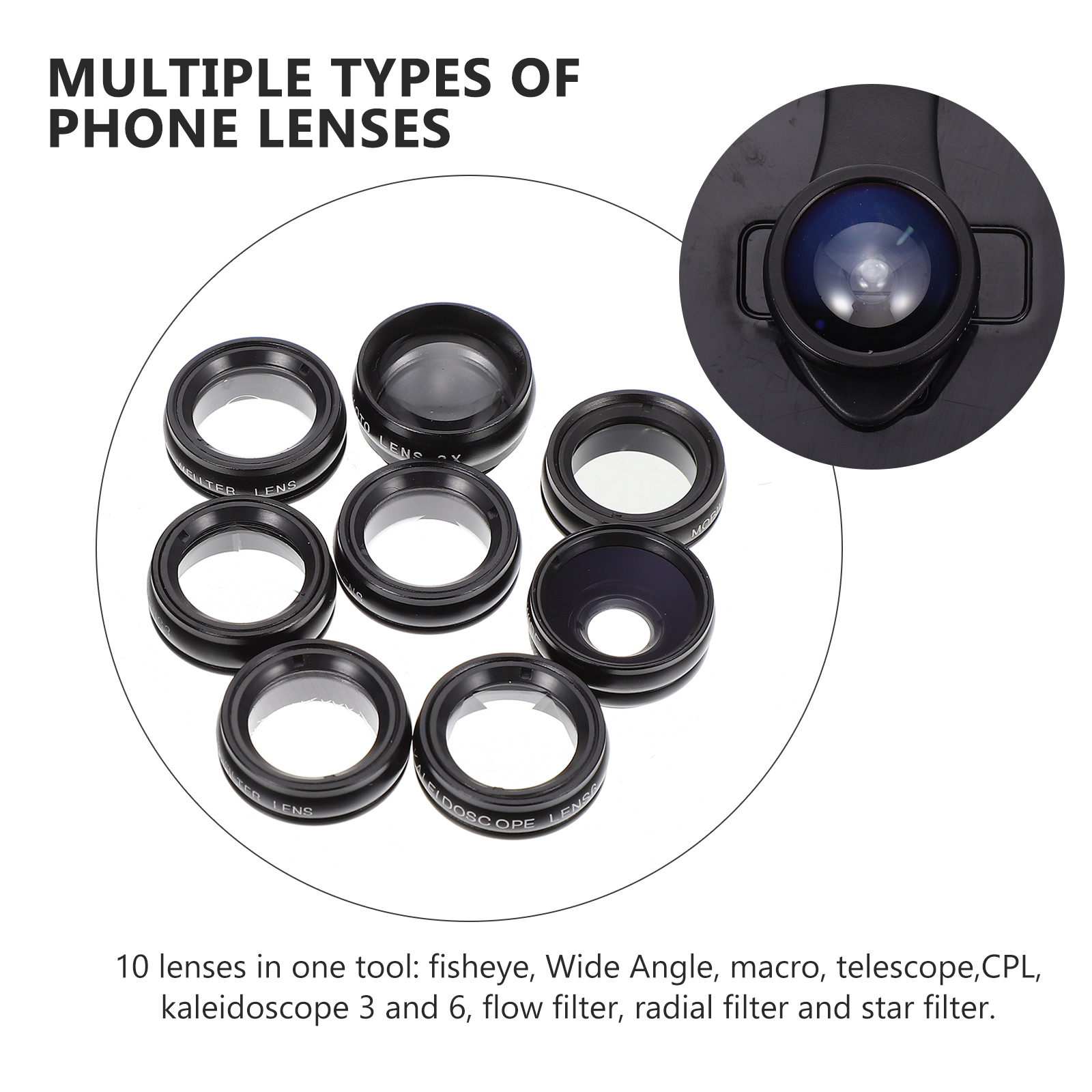 1 Set Draagbare 10 In 1 Groothoek Professionele Lens Clip Voor Mobiele Telefoon