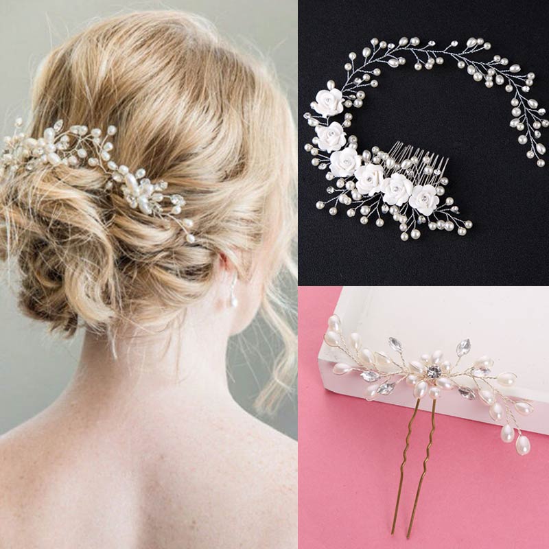 Da sposa Da Sposa Accessori Per Capelli Di Cristallo Fiori D'imitazione Della Perla Pettine Dei Capelli/Spille per le Donne Della Ragazza H9