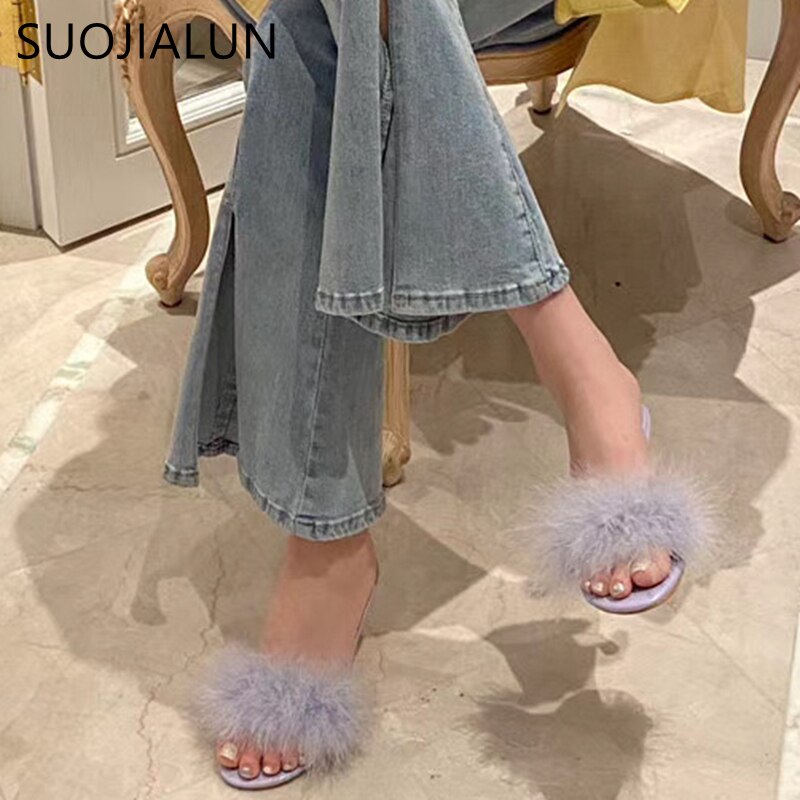 Suojialun kvinnor lurviga tofflor strutshår fluffig sandal dam tunn högklackat plysch slides varma tofflor sho
