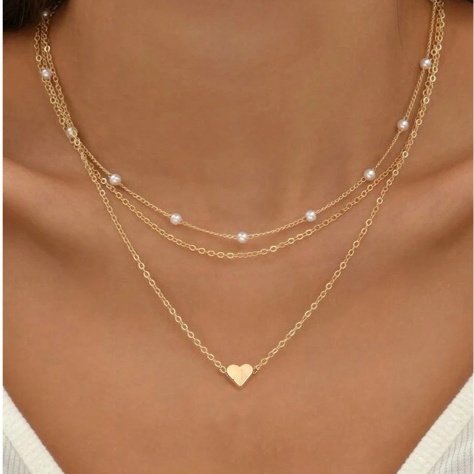 FTCY 3pcs Women's Pearl Necklace Set 14K Gold Love Heart Pendant Waterproof Hypoallergenic Collarbone Neck Chain Jewelry: Light Yellow Gold Color