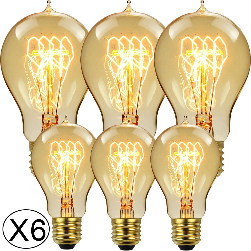 Tianfan 6-Pack Edison Lamp A19/A60 Crown 40W Dimbare Quad Loop Retro Filament Decoratieve Gloeilamp amber 220/240V